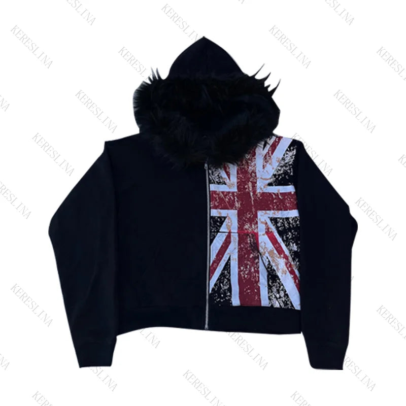 Chaqueta con capucha y cremallera, cárdigan con cuello de piel, estilo punk hip-hop rock oscuro, moda rock, versátil, estilo retro Y2K para otoño e invierno