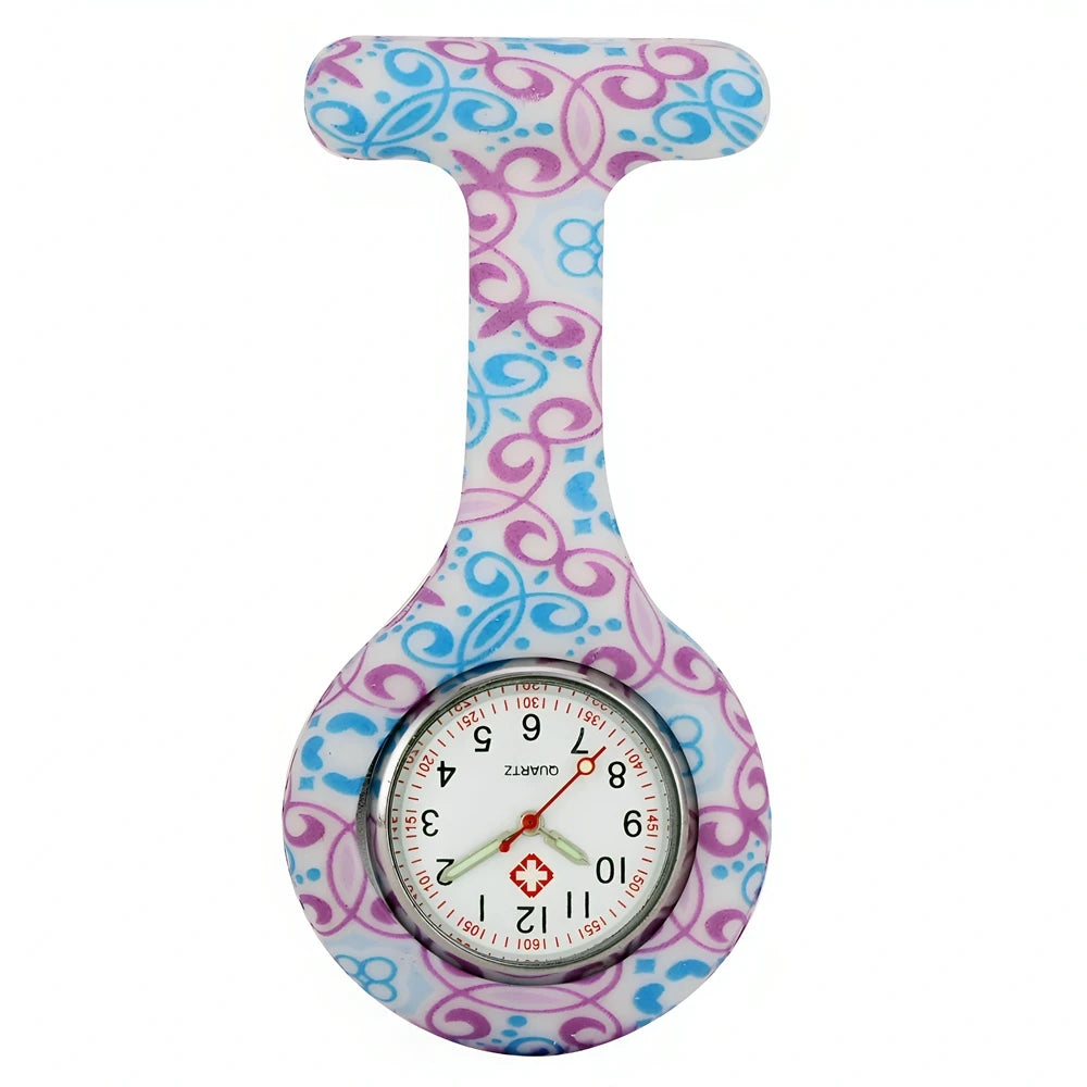 Fashion Women Flowers Patterned Printing Solid Silicone Pin Brooch Nurse Doctor Hospital FOB Hanging Clock Watch Pocket Watches