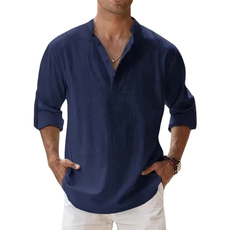 Camisas de hombre estilo urbano, ligeras, de manga larga, tipo Henley, de algodón y lino, camisas hawaianas de playa, camisetas transpirables con cuello.