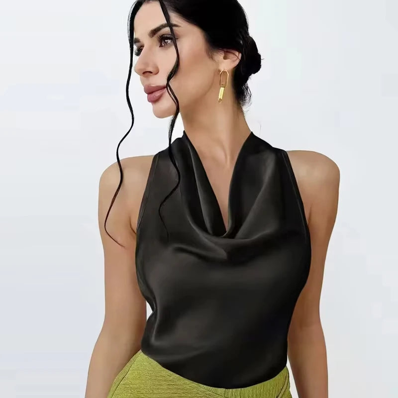 MUJER Satin Crop Top Woman Halter Backless Women's Tops off Shoulder Beach Tops for Women Camisole Sexy Tanks Camis Top Female