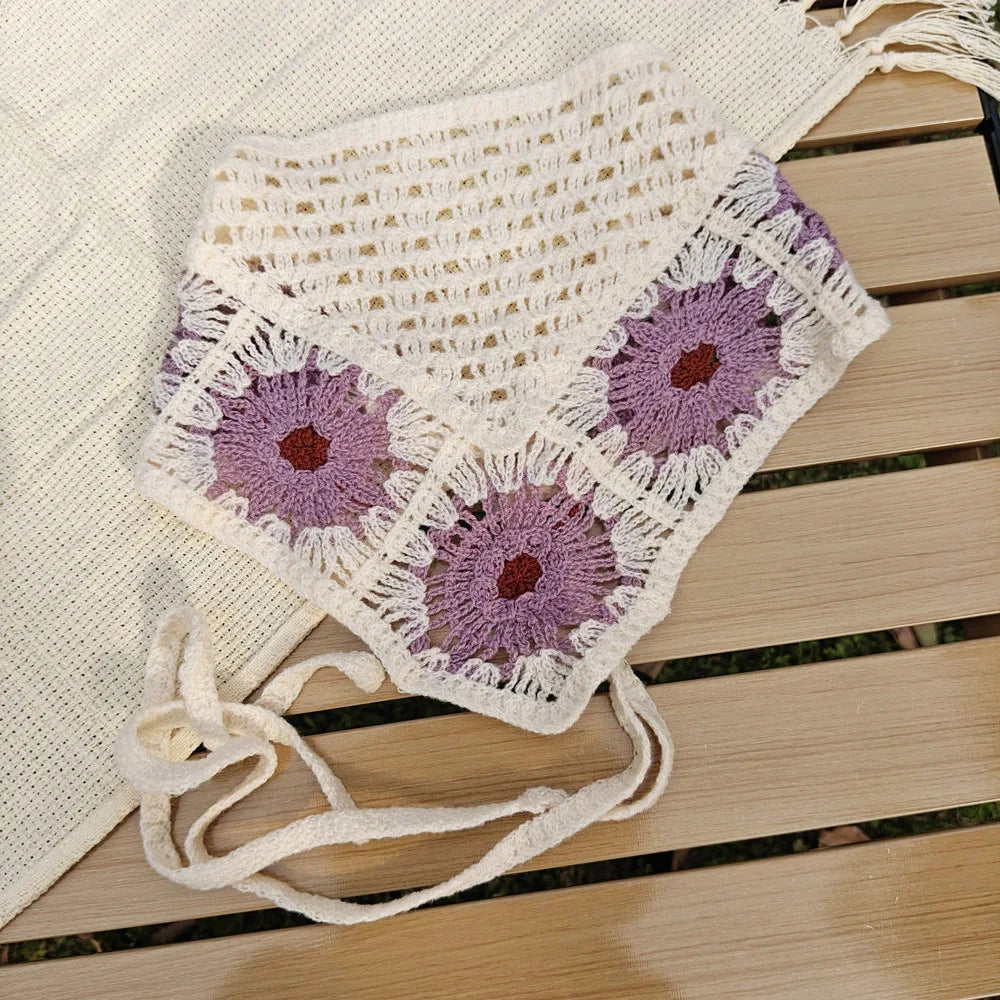Knitted Headband Handmade Crochet Hair Scarf Hollow Out Triangle Headscarf Hair Accessories Sweet Vintage Soft Floral Bandana