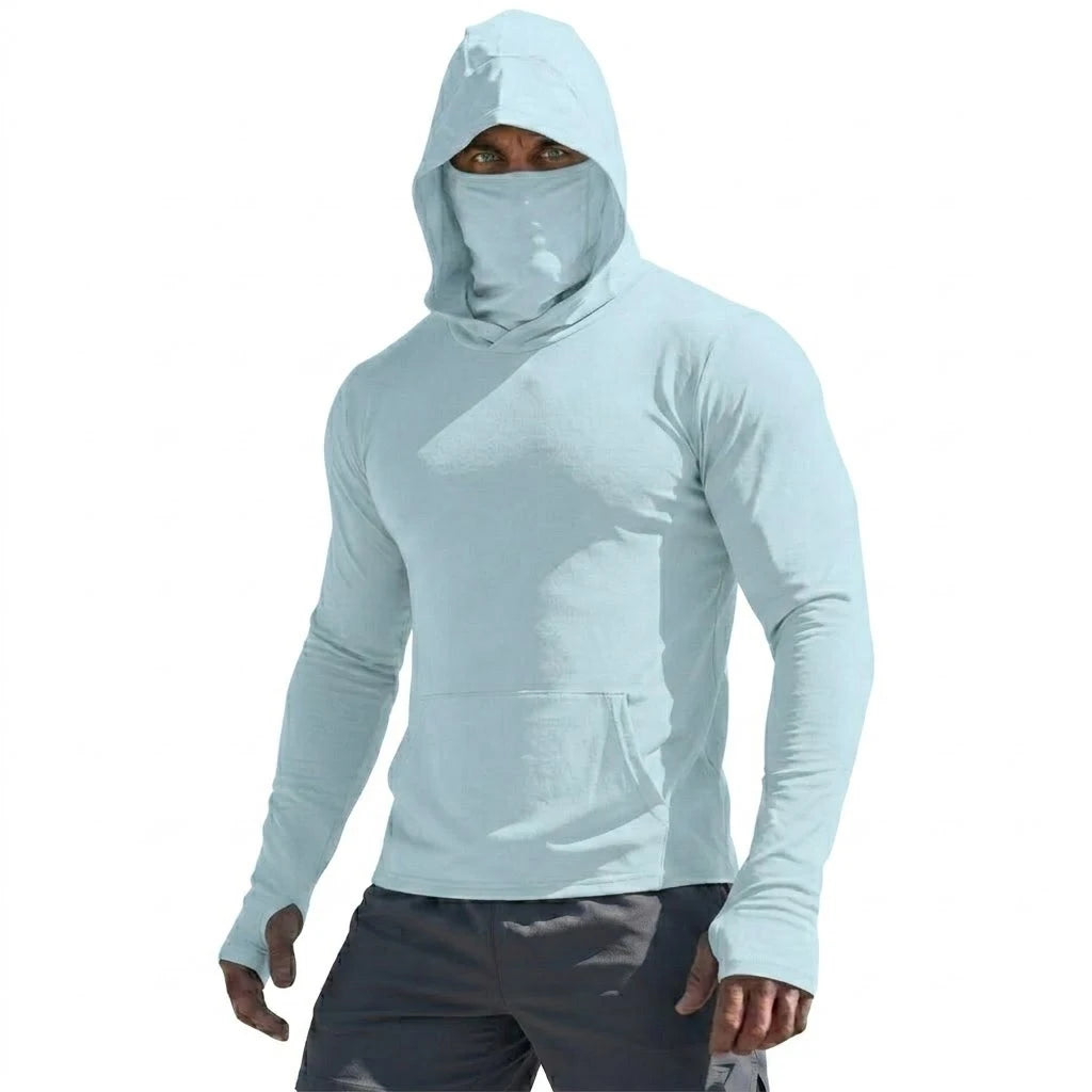 Camiseta de alto rendimiento con protección solar UPF50+, sudadera con capucha de manga larga para hombre, informal, de secado rápido, para correr, pescar, estilo jersey de seda fría