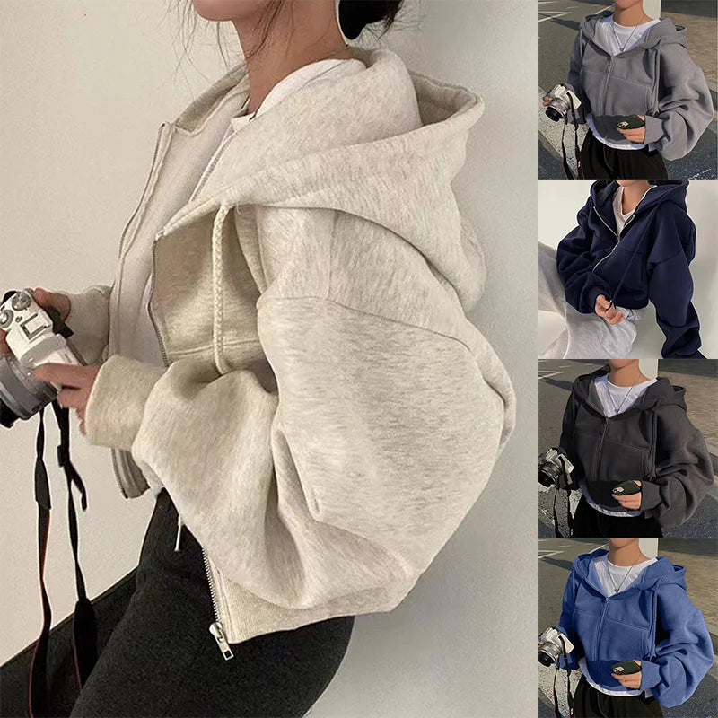 2025 Spring Autumn New Insfleece-lined Versatile Cropped Slims Smooths Silhouette Zip-up Warm Navy Blue Hooded Sweatshirt Women