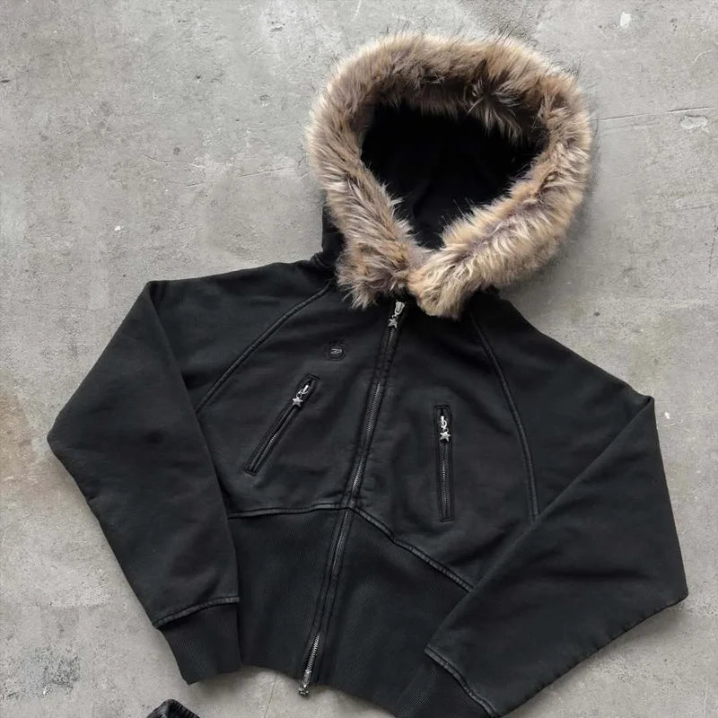Chaqueta con capucha y cremallera, cárdigan con cuello de piel, estilo punk hip-hop rock oscuro, moda rock, versátil, estilo retro Y2K para otoño e invierno