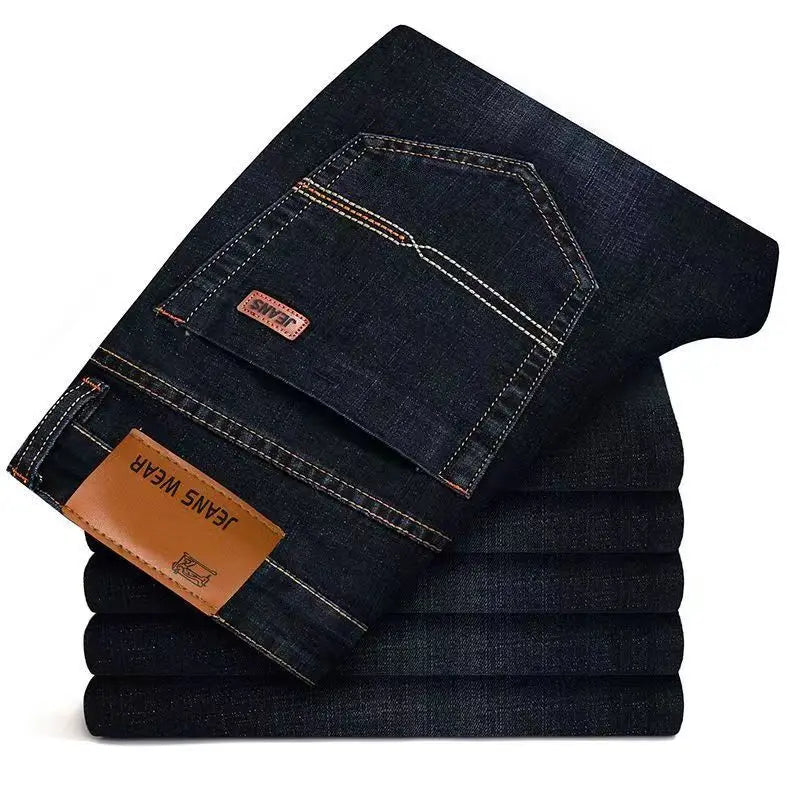 Men's jeans, casual straight leg, elastic, fashionable, classic, blue and black work denim pants, men's brand clothing