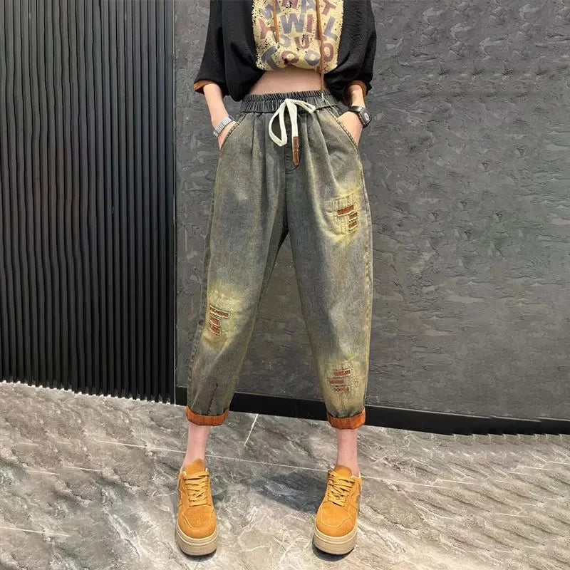 Jeans Set Women Denim Pants Two Piece Set 2025 New Loose Plus size Casual Suit Female Fashion Hooded Printed Jeans Sets