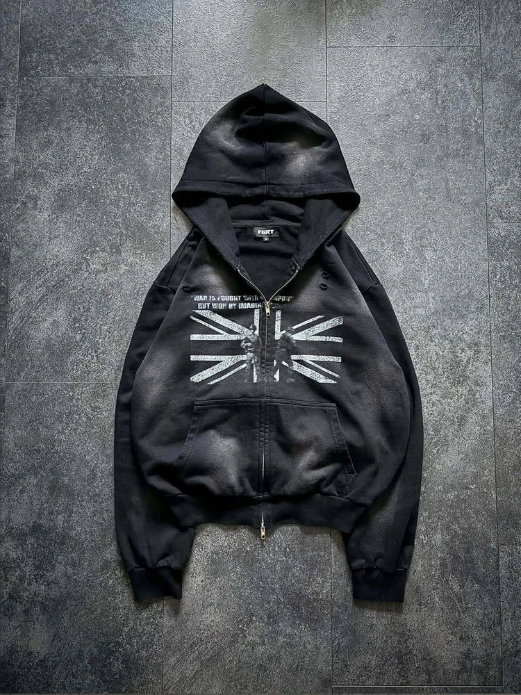 Chaqueta con capucha y cremallera, cárdigan con cuello de piel, estilo punk hip-hop rock oscuro, moda rock, versátil, estilo retro Y2K para otoño e invierno