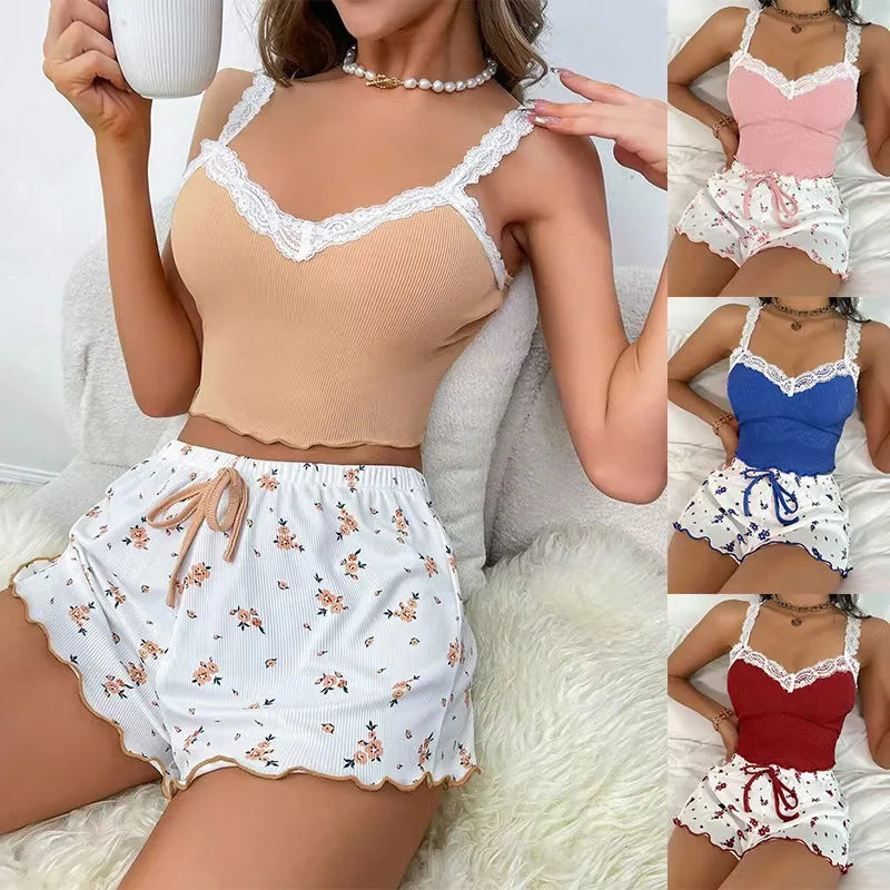Women's Sexy Lace Camisole Vest Shorts Sleepwear  Slim fit two-piece Home Outfit Newe Fashion Pajamas Set  Floral sleeping pants