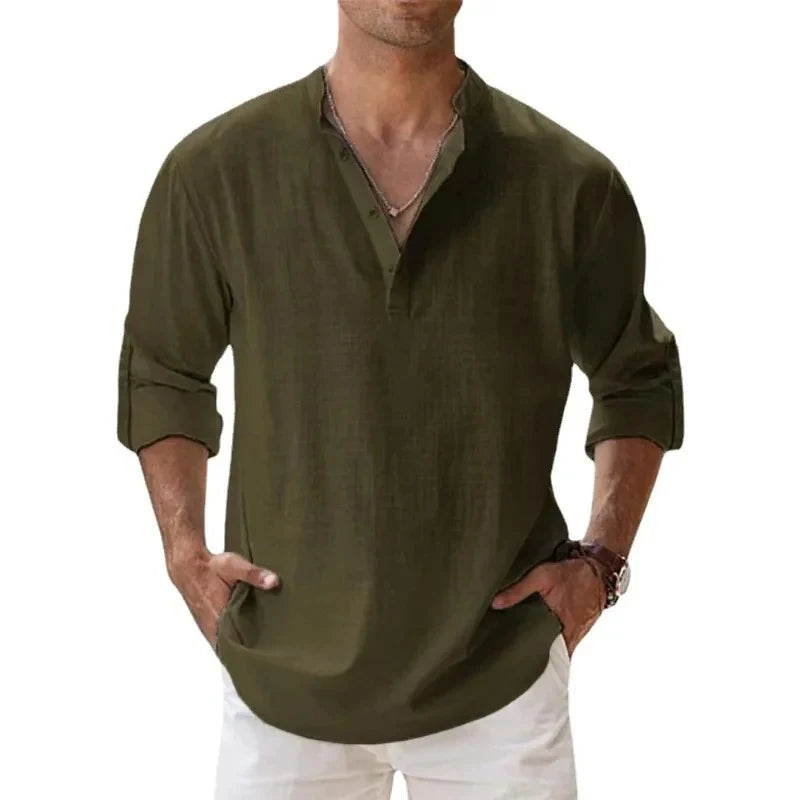 Camisas de hombre estilo urbano, ligeras, de manga larga, tipo Henley, de algodón y lino, camisas hawaianas de playa, camisetas transpirables con cuello.