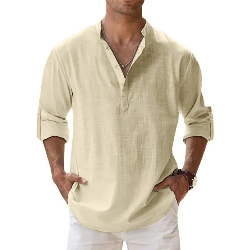 Nuevas camisas casuales para hombre, camisas Henley de manga larga ligeras de algodón, camisas de lino para playa, blusas hawaianas transpirables con cuello