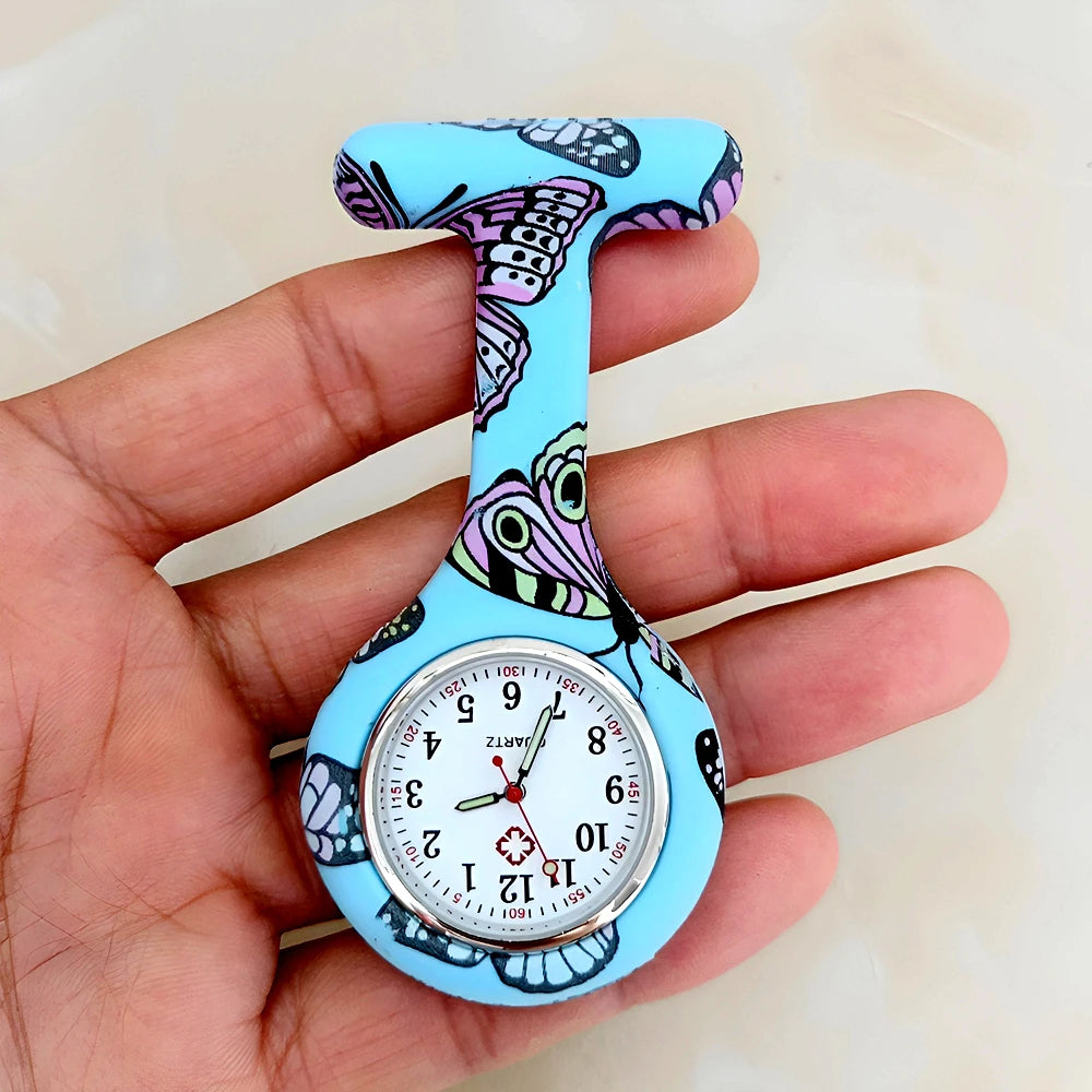 Fashion Women Flowers Patterned Printing Solid Silicone Pin Brooch Nurse Doctor Hospital FOB Hanging Clock Watch Pocket Watches