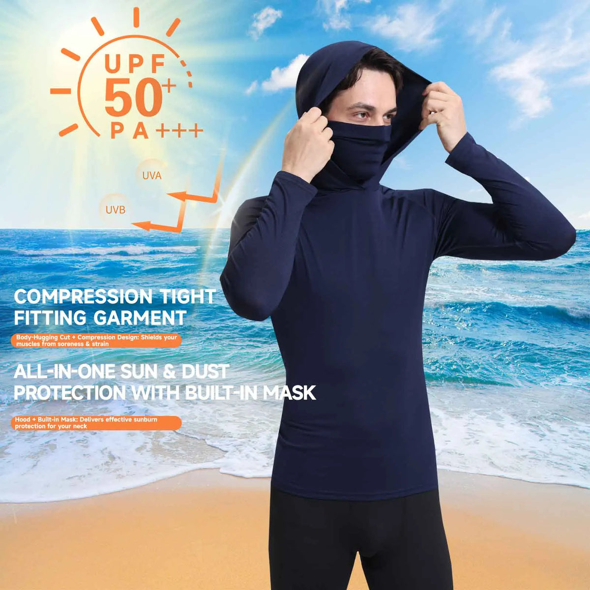 Sudadera deportiva de manga larga para hombre, camisa de pesca con protección solar UV UPF 50+, ajuste elástico, con máscara facial integrada
