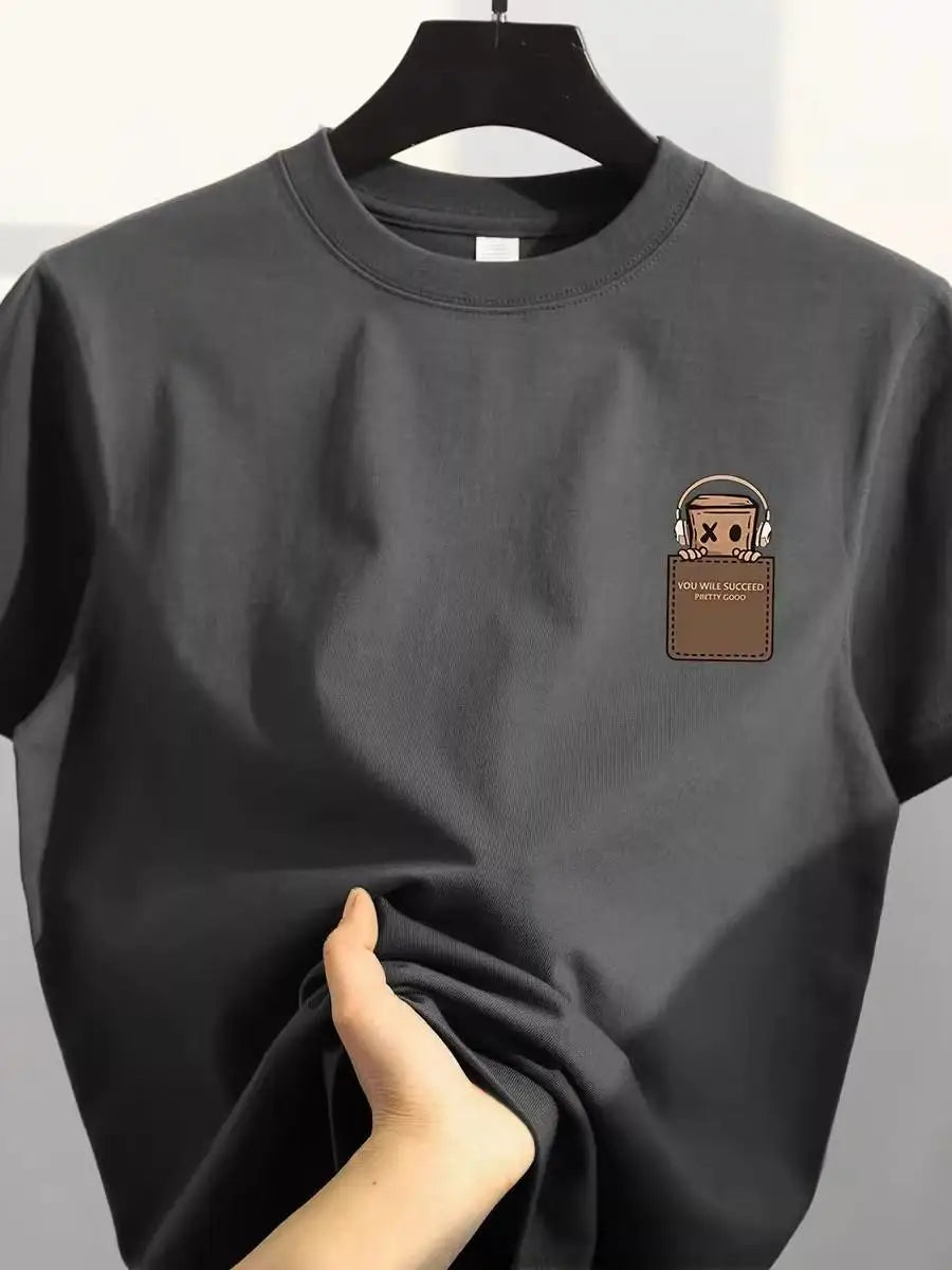 Camiseta de algodón puro con ajuste holgado retro, estilo casual, top de algodón estampado de estilo coreano para hombre, etiqueta cortada