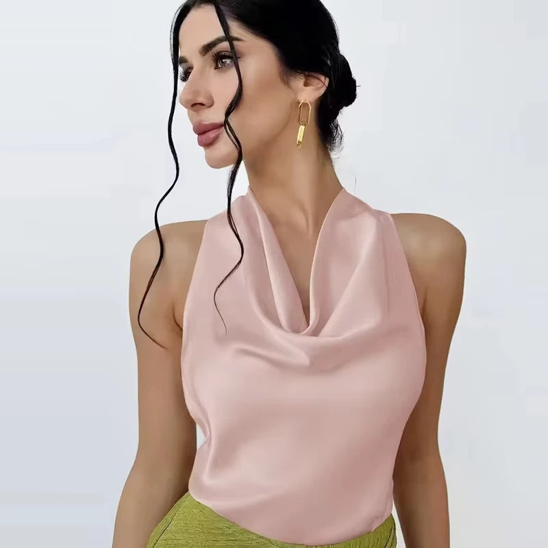 MUJER Satin Crop Top Woman Halter Backless Women's Tops off Shoulder Beach Tops for Women Camisole Sexy Tanks Camis Top Female