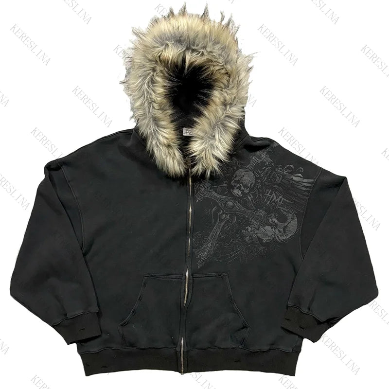 Chaqueta con capucha y cremallera, cárdigan con cuello de piel, estilo punk hip-hop rock oscuro, moda rock, versátil, estilo retro Y2K para otoño e invierno