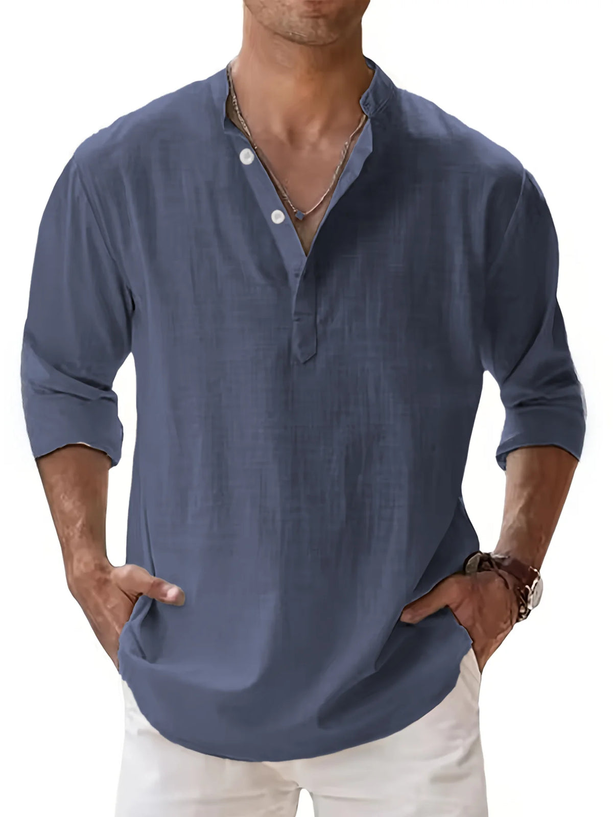 Camisa de manga larga con cuello henley y mezcla de lino para hombre, prenda superior casual de tapeta parcial transpirable para uso diario, vacaciones y playa