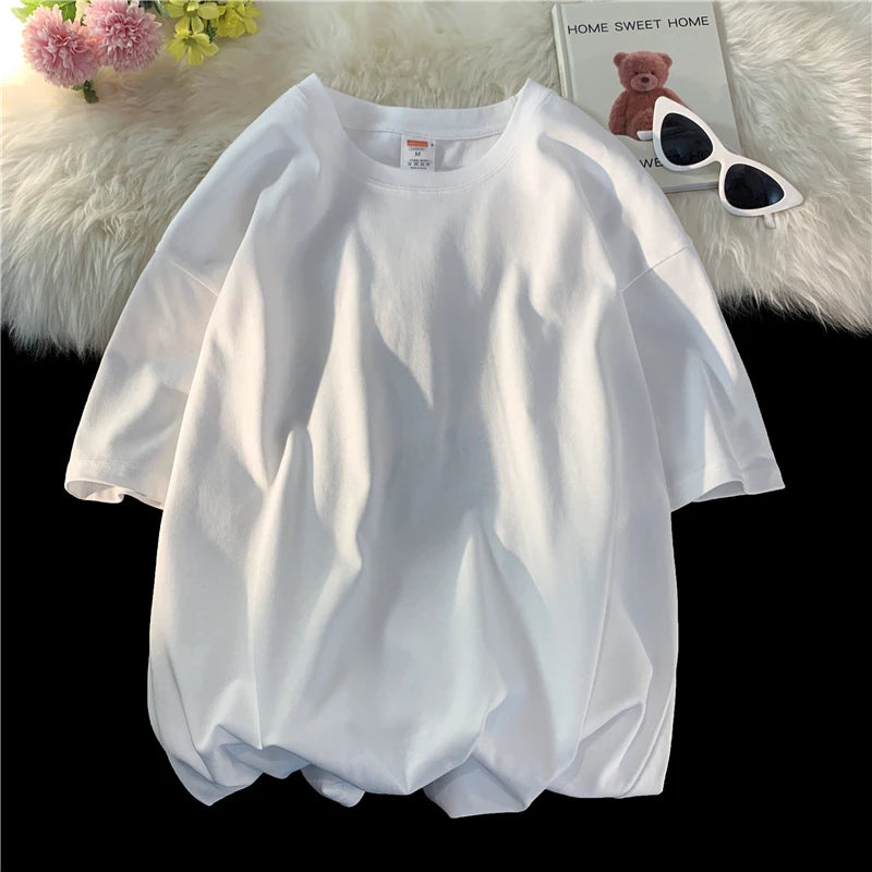 Summer Men's Heavy T Shirt Casual Solid Short Sleeve Basic Tee Women 100% Cotton 260gsm 9.17oz Oversized O Neck Hip-Hop Tops