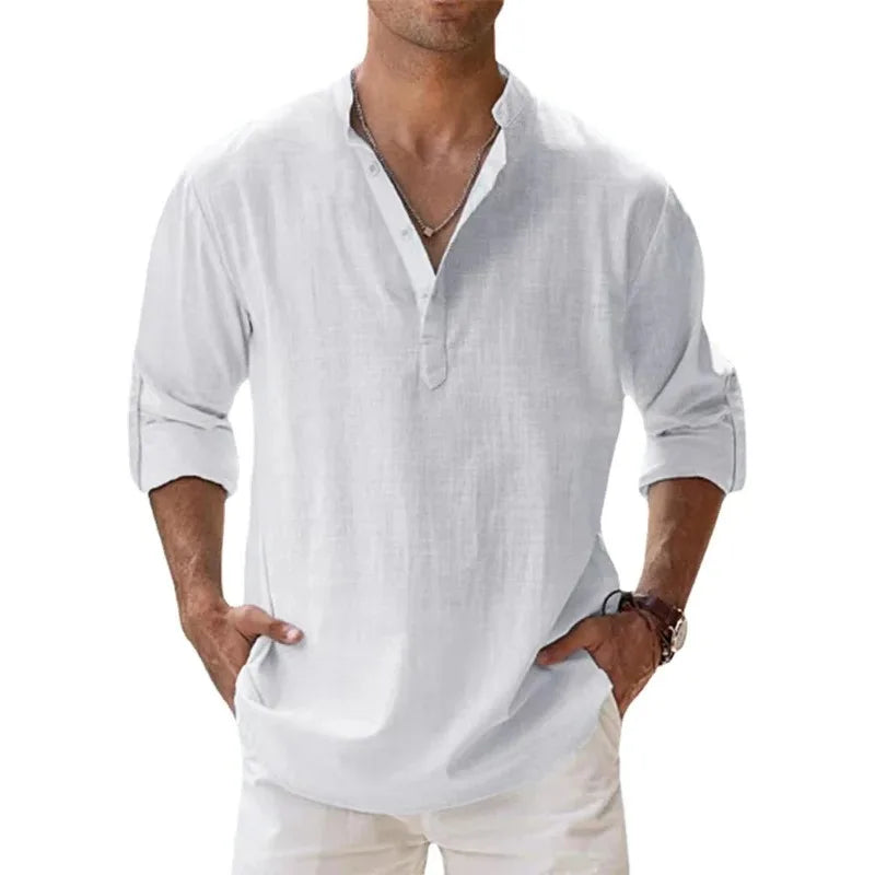 Nuevas camisas casuales para hombre, camisas Henley de manga larga ligeras de algodón, camisas de lino para playa, blusas hawaianas transpirables con cuello