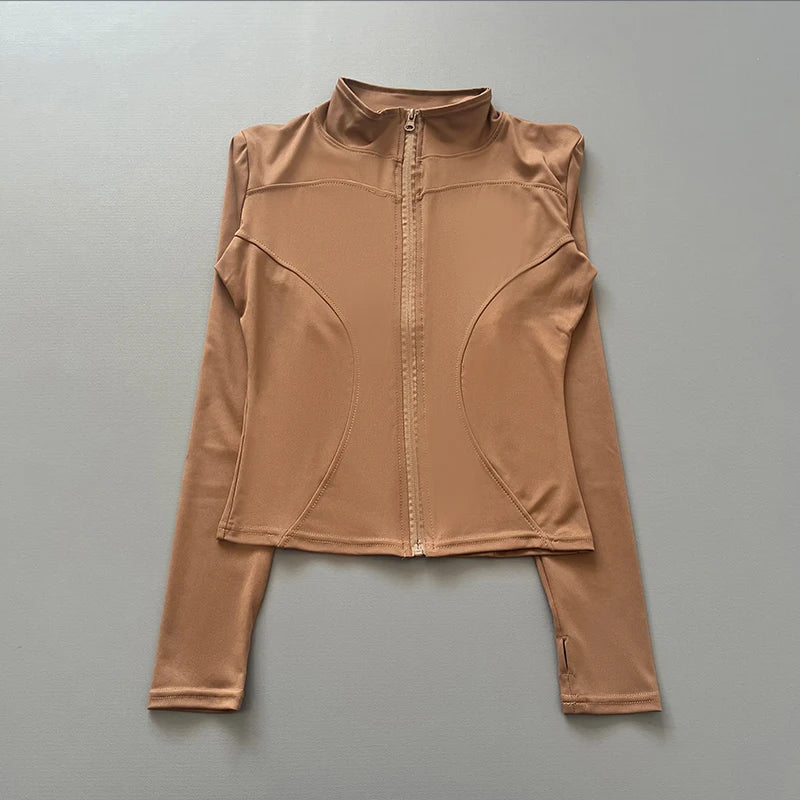 Women's Workout Jacket Stretch Fitted Zip Front Long Sleeve Running Yoga Slimming Waist-Cinching Stand Collar Quick-Dry Sportswe