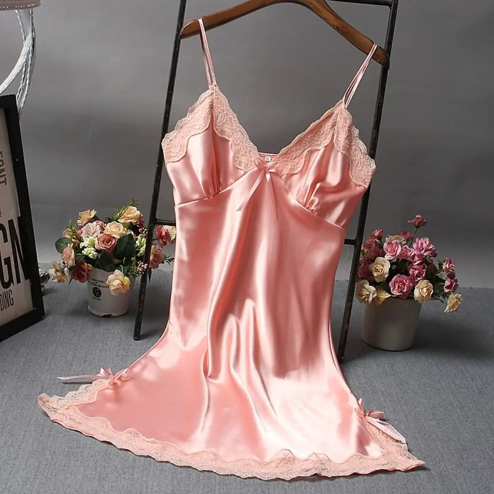 Cute Lace Camisola Patchwork Women's Nightgowns Silk Dress Bowknots Lingerie Nighty Women