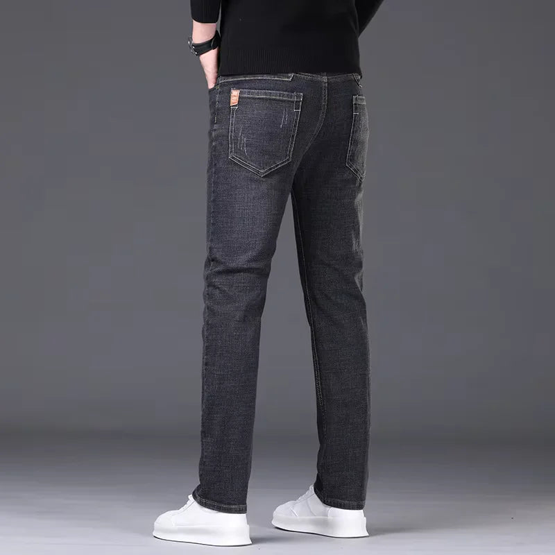 Men's jeans, casual straight leg, elastic, fashionable, classic, blue and black work denim pants, men's brand clothing