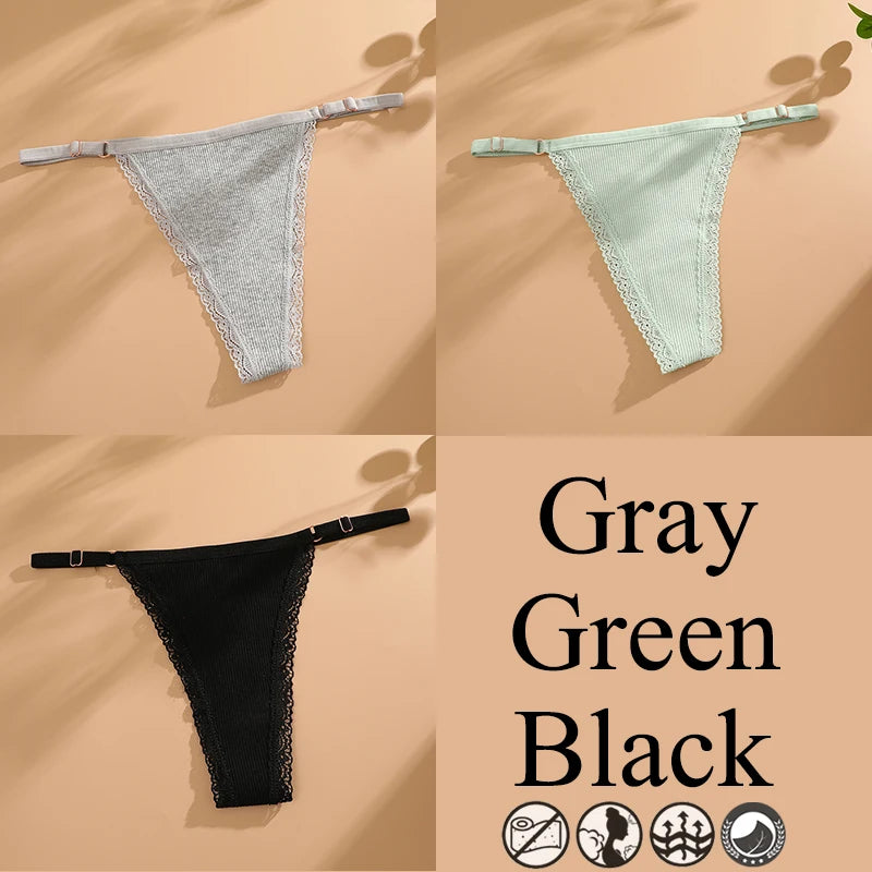 3Pcs G-String Cotton Lace Women Thongs Lingerie Low Rise Panties Adjustable Waistband Straps Hipster Underwear Female Intimates