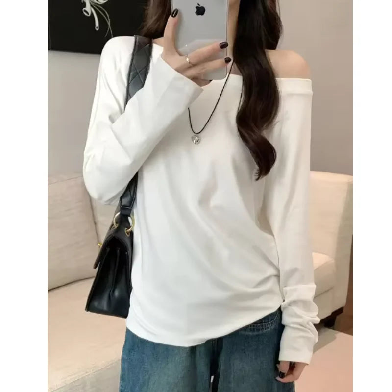 Oversize Off Shoulder Long Sleeve T Shirt Women Solid Color Casual Tops Lady Spring Autumn Basic Tees Korean Style Youth Blouses