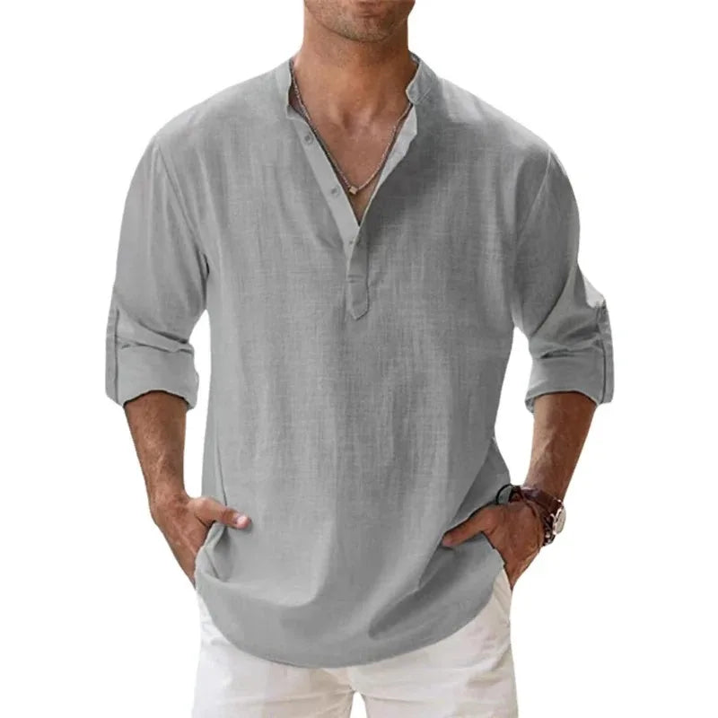 Nuevas camisas casuales para hombre, camisas Henley de manga larga ligeras de algodón, camisas de lino para playa, blusas hawaianas transpirables con cuello