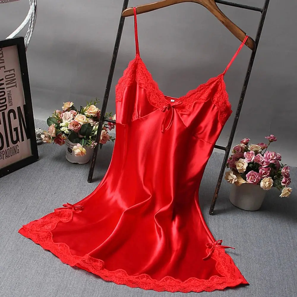 Cute Lace Camisola Patchwork Women's Nightgowns Silk Dress Bowknots Lingerie Nighty Women