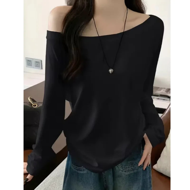 Camiseta Oversize de Manga Larga con Hombros Descubiertos para Mujer, Blusa Lisa Informal de Primavera Otoño, Estilo Coreano Juvenil