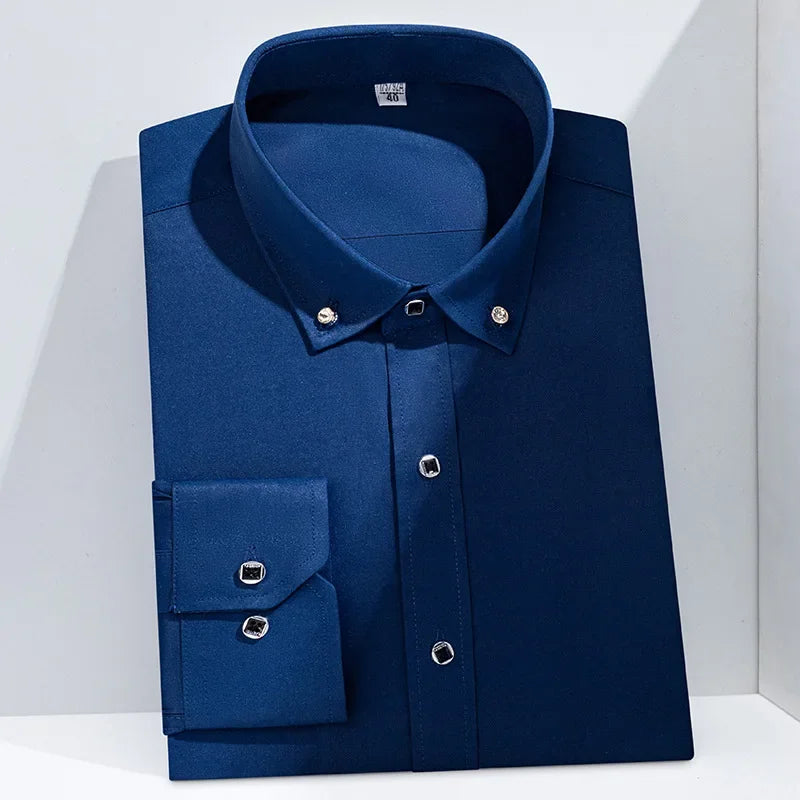 Men Business Dress Shirt Formal Fashion Thin Classic Basic Diamond Button Long Sleeve Social White Office Shirt Men Clothing