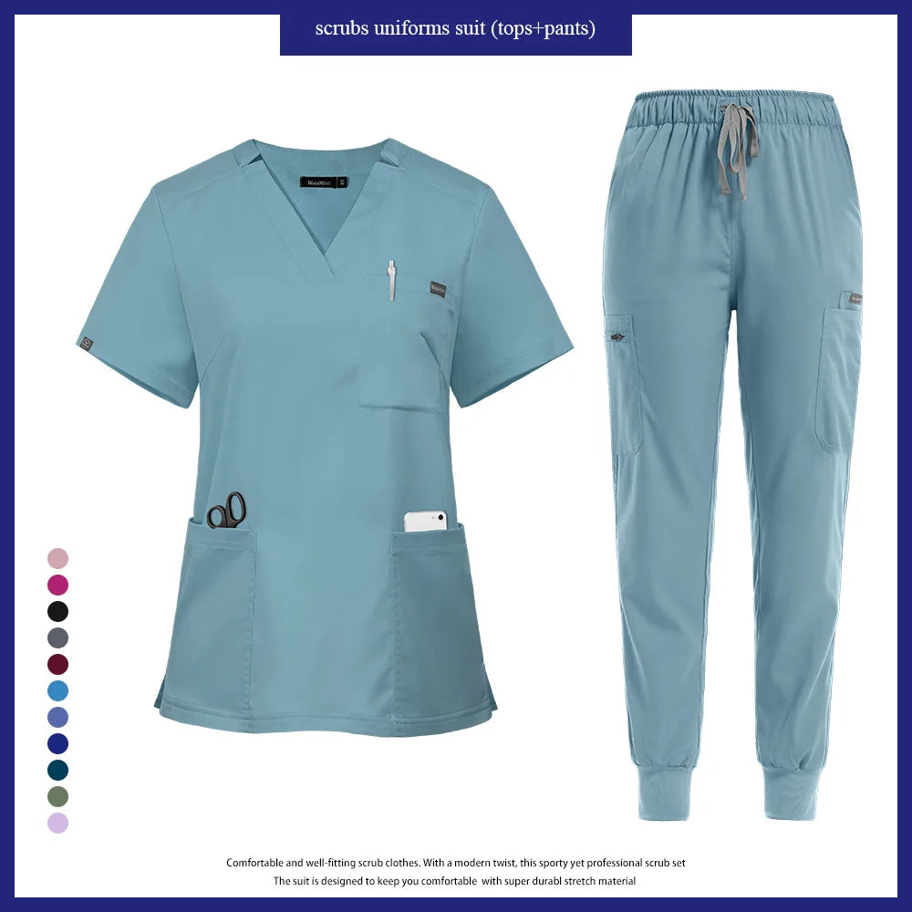 Niaahinn Nurse Accessories Medical Surgical Gowns Set Doctor Nurse Special Scrubs Uniform Solid Color Dentist Workwear Women Men