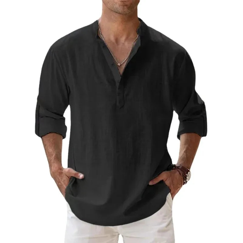 Nuevas camisas casuales para hombre, camisas Henley de manga larga ligeras de algodón, camisas de lino para playa, blusas hawaianas transpirables con cuello