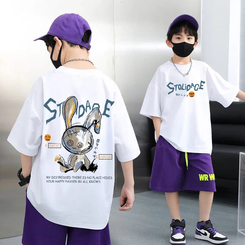 Camiseta de algodón 100% con dibujos animados de Nickelodeon para niños de primavera y verano - Top de talla grande. El conjunto del modelo es solo de referencia.
