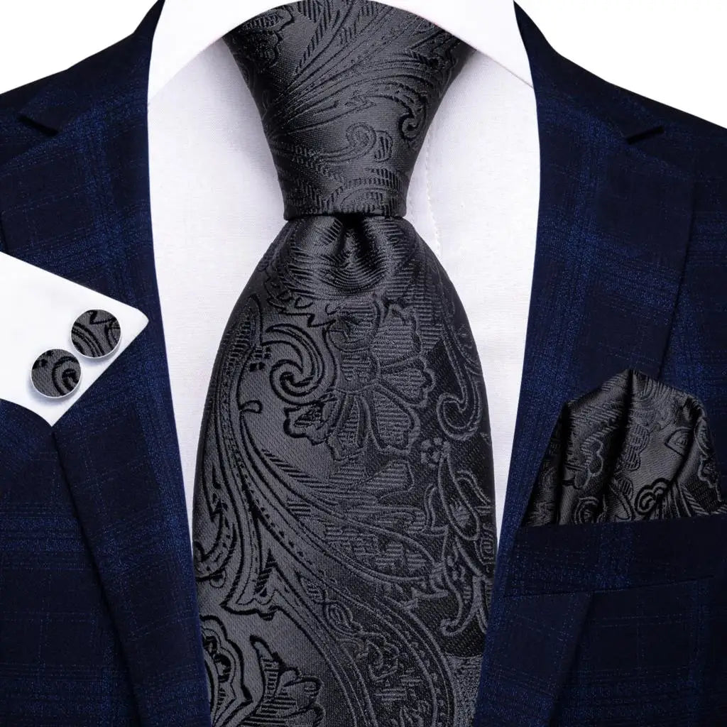 Black Floral Wedding Tie For Men Handky Cufflink Elegant Necktie For Men Fashion Designer Business Party Dropshiping silk