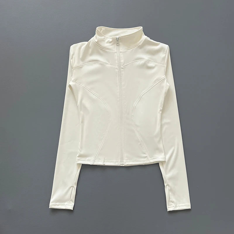 Women's Workout Jacket Stretch Fitted Zip Front Long Sleeve Running Yoga Slimming Waist-Cinching Stand Collar Quick-Dry Sportswe