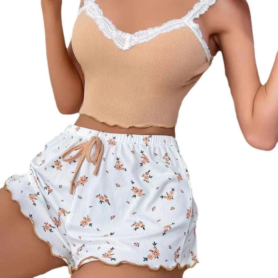 3Pcs Women Pajama Set Pink Lace Patchwork V-Neck Sleepwear Sexy Nighties Suit Cami Top Printed Shorts Soft Pyjamas Lounge Wear
