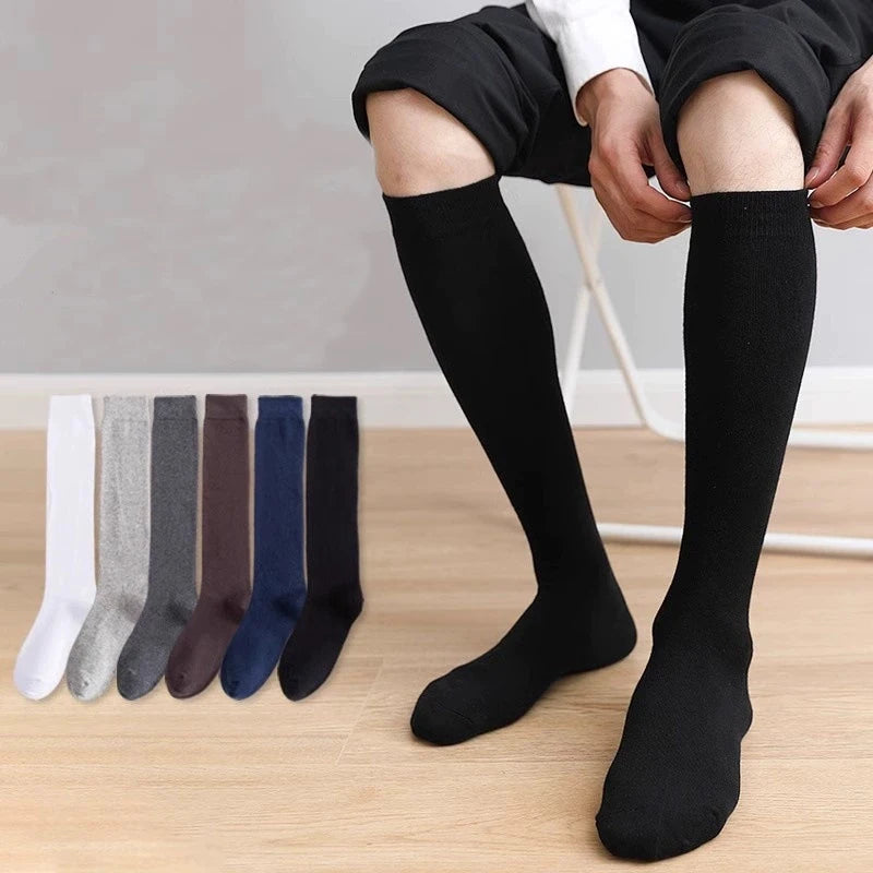 Mens Long Socks Stockings Cotton Solid Business Soft Elastic Party Dress Formal Gentleman Warm Thermal Crew High Socks Fathers