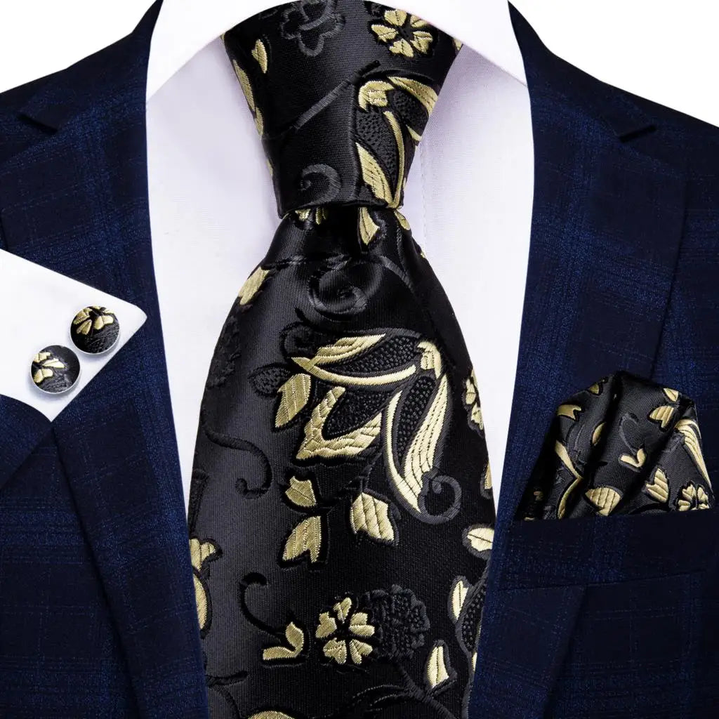 Black Floral Wedding Tie For Men Handky Cufflink Elegant Necktie For Men Fashion Designer Business Party Dropshiping silk