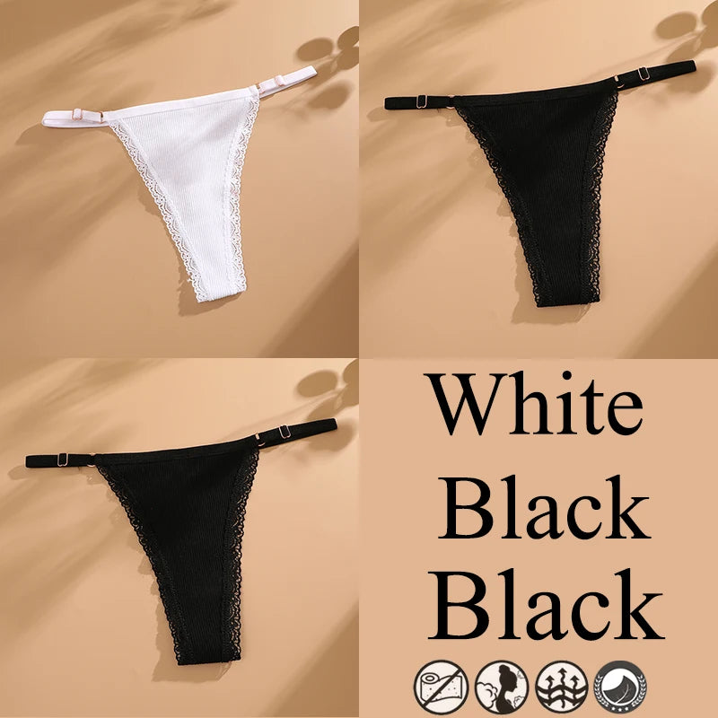 3Pcs G-String Cotton Lace Women Thongs Lingerie Low Rise Panties Adjustable Waistband Straps Hipster Underwear Female Intimates