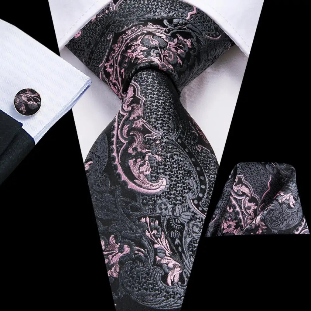 Black Floral Wedding Tie For Men Handky Cufflink Elegant Necktie For Men Fashion Designer Business Party Dropshiping silk