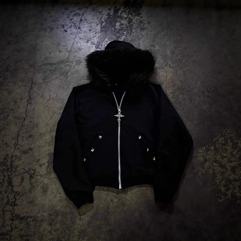 Chaqueta con capucha y cremallera, cárdigan con cuello de piel, estilo punk hip-hop rock oscuro, moda rock, versátil, estilo retro Y2K para otoño e invierno