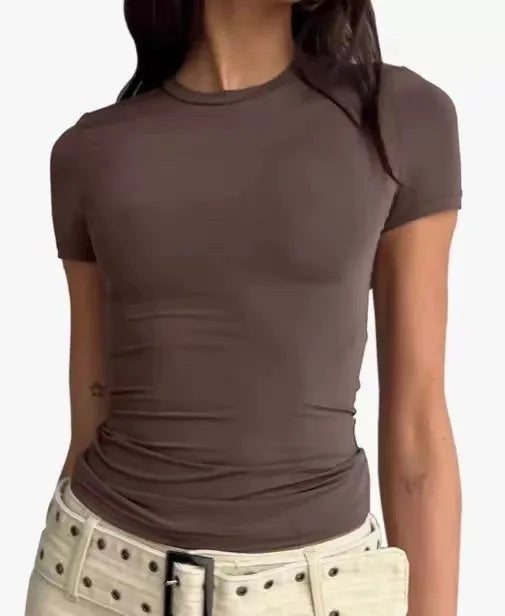 2026 New Summer Y2k Tops Womens Causal Basic T-Shirts Scoop Neck Short Sleeve Crop Tops Cute Slim Fit Tees Pullovers Clothing