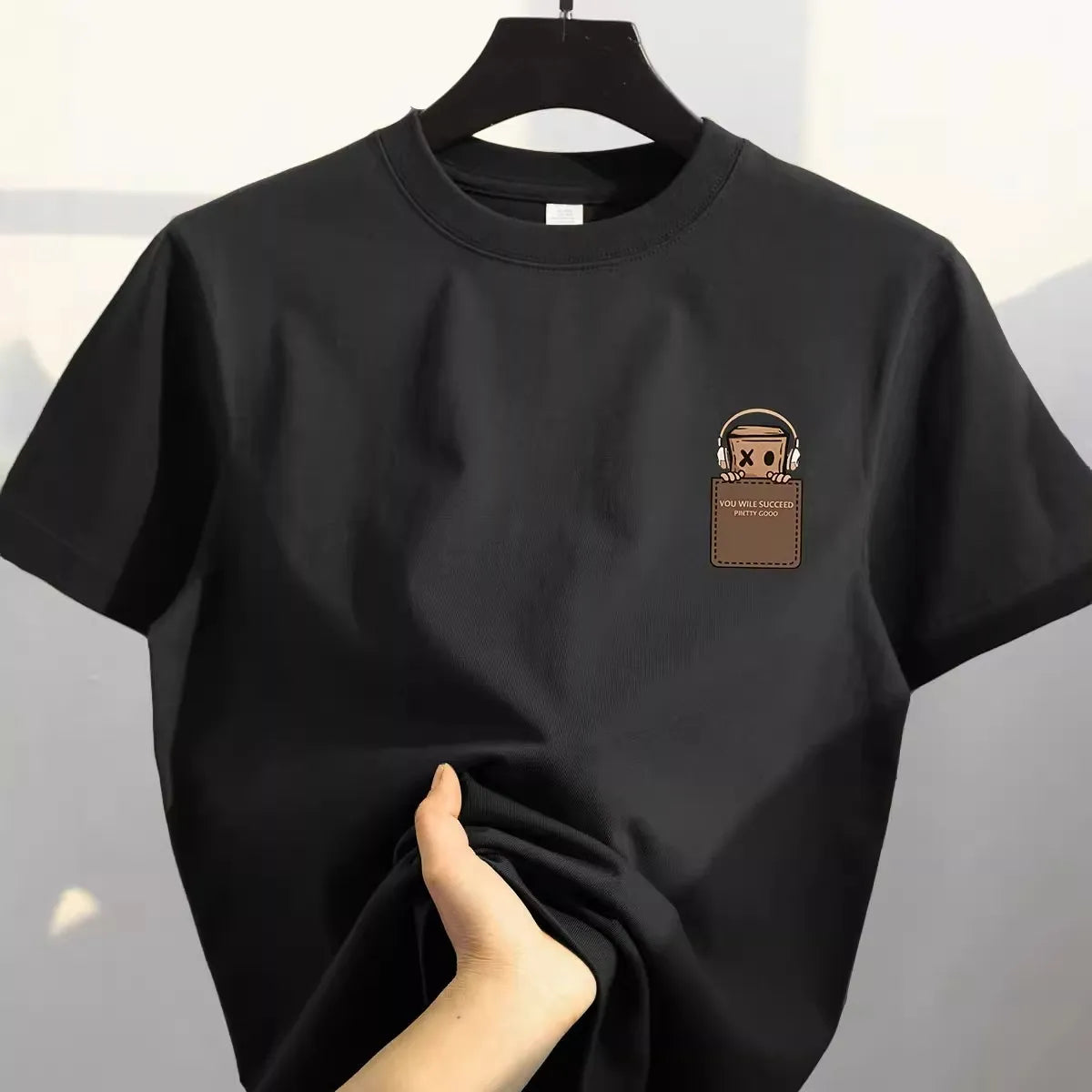Camiseta de algodón puro con ajuste holgado retro, estilo casual, top de algodón estampado de estilo coreano para hombre, etiqueta cortada