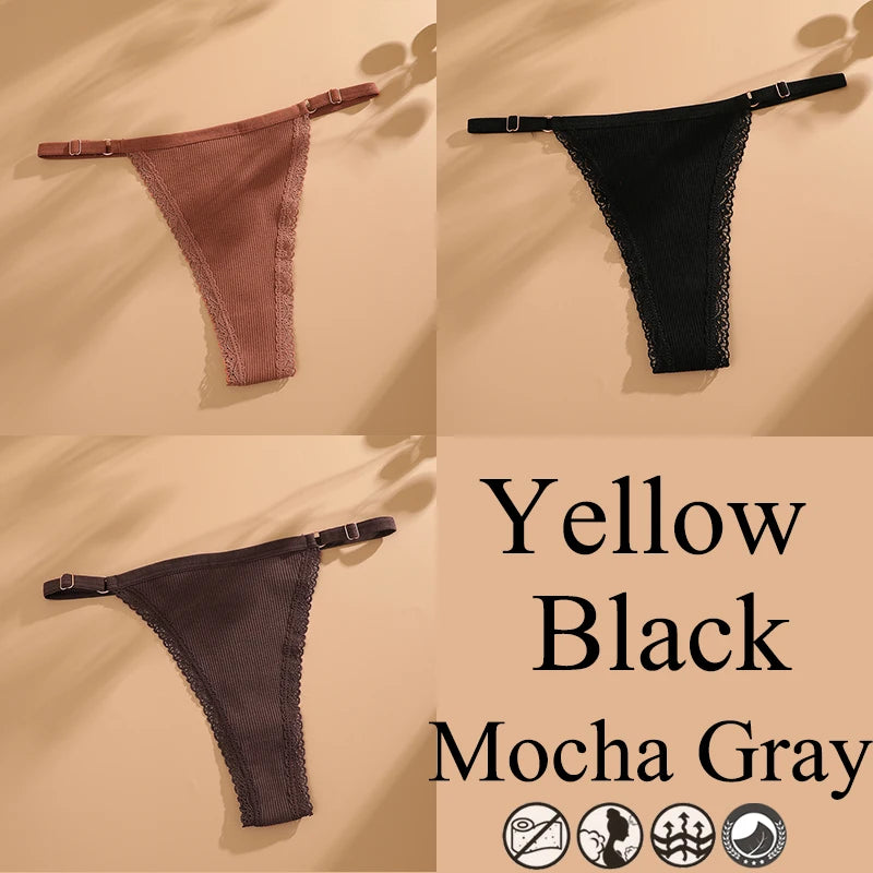 3Pcs G-String Cotton Lace Women Thongs Lingerie Low Rise Panties Adjustable Waistband Straps Hipster Underwear Female Intimates