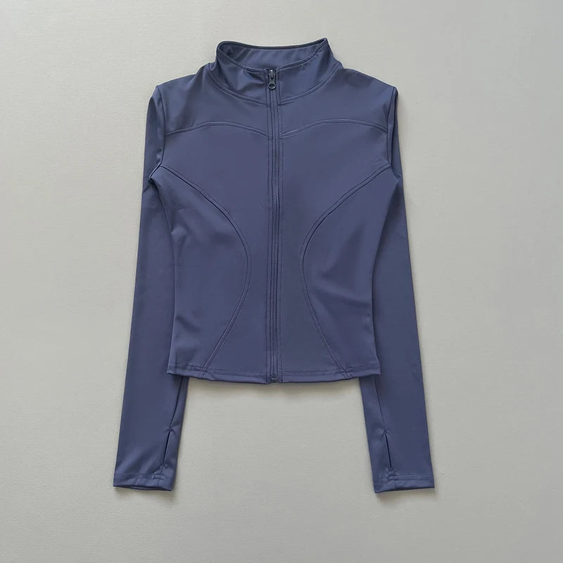 Women's Workout Jacket Stretch Fitted Zip Front Long Sleeve Running Yoga Slimming Waist-Cinching Stand Collar Quick-Dry Sportswe