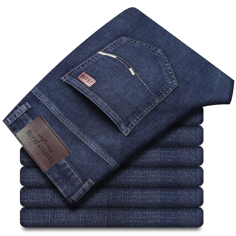 Spring Summer Classic Pocket Men Fit Straight Thin Jeans Cotton Elastic Middle Waist Business Casual Lightweight Pants