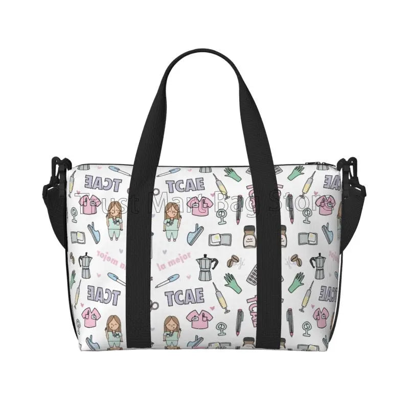 Nurse Medical Theme Travel Duffle Bag Carry on Tote Bags for Sport Gym Lightweight Waterproof Weekender Overnight Bags for Women