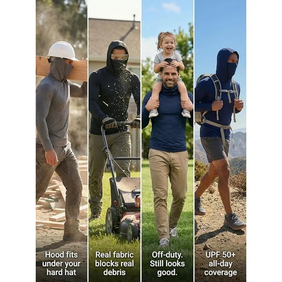 Men's Hooded Long Sleeve Shirt with Face Mask, Sun Protection Workout Shirt for Running Cycling Fishing