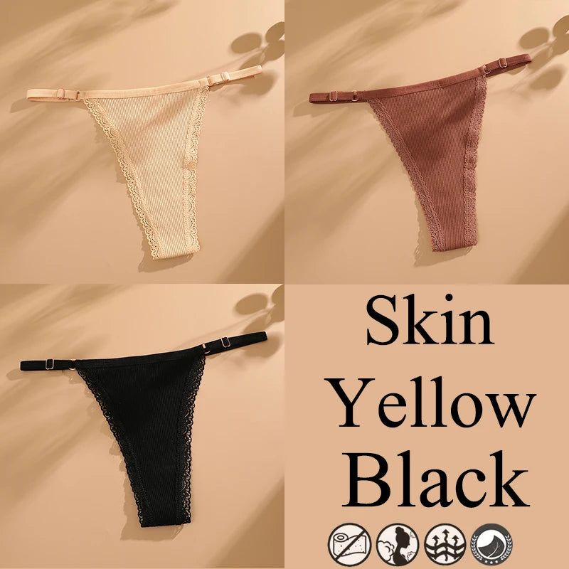 3Pcs G-String Cotton Lace Women Thongs Lingerie Low Rise Panties Adjustable Waistband Straps Hipster Underwear Female Intimates